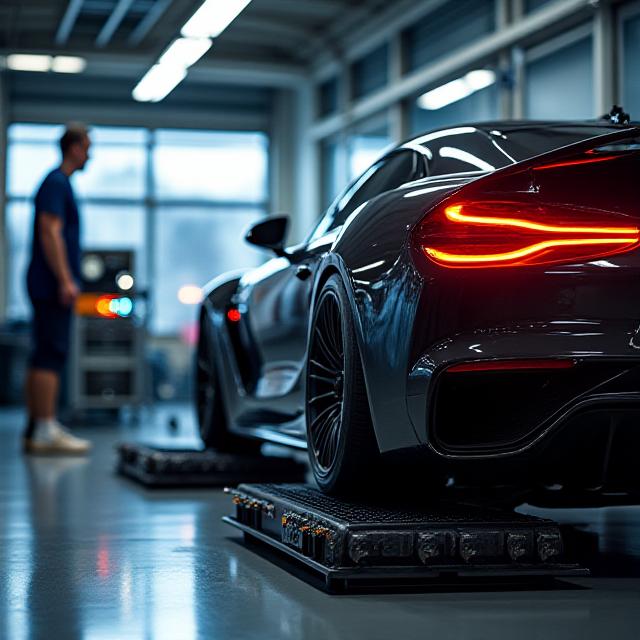Sports car on a dyno machine during tuning