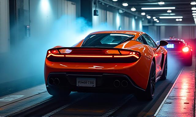 Vehicle strapped to dynamometer testing horsepower